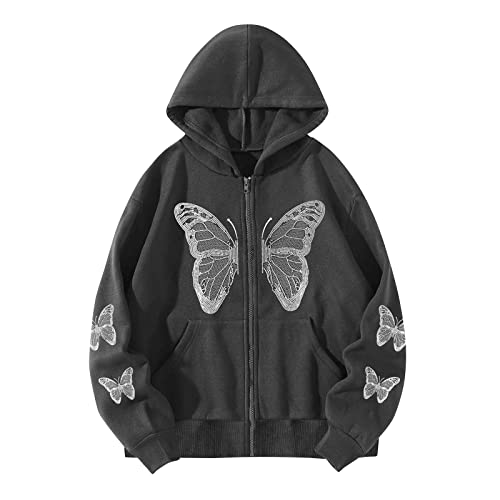 Y2k Zip Up Hoodie Damen Gothic Schmetterling Druck Sweatjacke Reißverschluss Kapuzenjacke Langarm Kapuzenpullover Sweatshirt mit Kapuze Herbst Winter Hoody Oberteile Tasche Sweatshirtjacke Streetwear von TRIGLICOLEUM