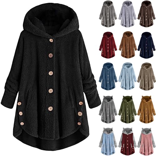black friday angebote 2024 Fleecejacke Damen Katzenohr Plüschjacke Winter Teddyjacke Teddyfleece Wintermantel Oversize Hoodie Jacke Warm Kapuzenpullover Einfarbige Winterjacke Mantel Große Größen von TRIGLICOLEUM