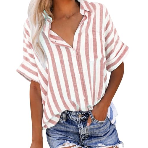 die Discounter Hemdbluse Damen, Lässige Gestreifte Muster Bluse Button Down Longbluse Tshirt Sommer Kurzarm T Shirt Revers Leinenbluse Basic T-Shirt Frauen Leichte Leinenhemd Blusen & von TRIGLICOLEUM