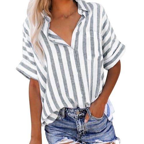 die Discounter Hemdbluse Damen, Lässige Gestreifte Muster Bluse Button Down Longbluse Tshirt Sommer Kurzarm T Shirt Revers Leinenbluse Basic T-Shirt Frauen Leichte Leinenhemd Blusen & von TRIGLICOLEUM