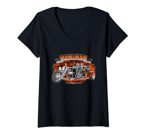 Damen Live To Ride & Ride To Live Triker Halloween Edition T-Shirt mit V-Ausschnitt Damen Live To Ride & Ride To Live Triker Halloween Edition T-Shirt mit V-Ausschnitt von TRIKE KÖNIGE