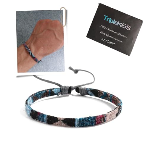 TRIPLE K&S Surfer armband Herren & Damen • 100% Wasserfest & Handmade • Perlen-Armband Boho Stoff-Armband • Hippie Sommer Strand-Schmuck (Black & Teal Stripes) von TRIPLE K&S