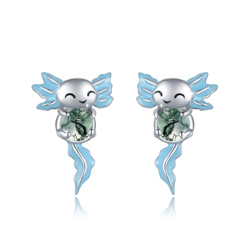 Axolotl Ohrstecker für Frauen 925 Sterling Silber Blau Tier Ohrringe Moosachat Ohrringe Hypoallergen Mexikanischer Axolotl Schmuck Geschenke für Damen von TRISHULA