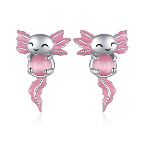 Axolotl Ohrstecker für Frauen 925 Sterling Silber Rosa Mondstein Ohrringe Katzenaugenstein Hypoallergen Tier Ohrringe Mexikanischer Axolotl Schmuck Geschenke für Damen Mädchen von TRISHULA
