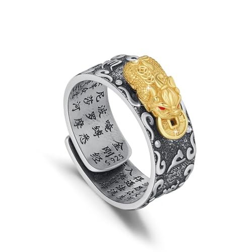Feng Shui Ring Pixiu Ring Mantra Stering Silber Einstellbar Offen Pixiu Mantra Ring Schutz Glück Amulett Reichtum Gesundheit Buddhist Vintage Schmuck Glück Gesundheit Geschenk für Männer Frauen von TRISHULA