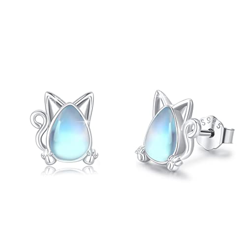 TRISHULA Katze Ohrringe 925 Sterling Silber Hypoallergene Mondstein Ohrstecker Tier Ohrringe Katze Schmuck Geschenk für Damen Mädchen Frauen Kinder von TRISHULA