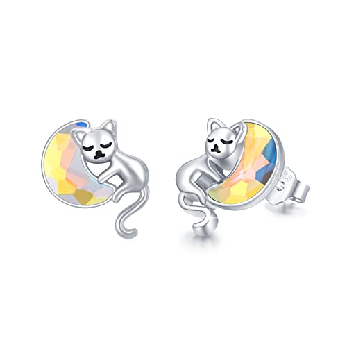 TRISHULA Katze Ohrringe 925 Sterling Silber Hypoallergene Mond Kristall Ohrstecker Tier Ohrringe Katze Schmuck Geschenk für Damen Frauen Mädchen Kinder von TRISHULA