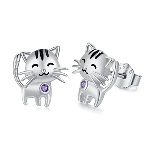 TRISHULA Katze Ohrringe 925 Sterling Silber Tier Ohrstecker Hypoallergene Zirkonia Ohrringe Birthstone Schmuck Geschenk für Damen Mädchen Frauen Kinder - Februar von TRISHULA