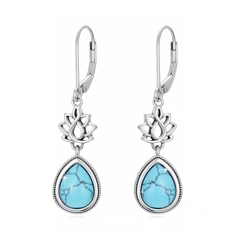 Lotus Türkis Ohrringe für Frauen 925 Sterling Silber Dangle Drop Lotus Blume Ohrringe Leverback Yoga Türkis Träne Schmuck Geschenke für Mädchen Frauen von TRISHULA