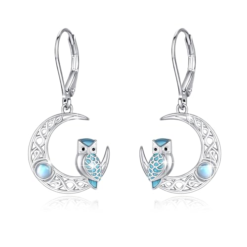 TRISHULA Mondstein Eule Ohrringe, 925 Sterling Silber, Keltischer Knoten, Hänger, 2 Stück von TRISHULA