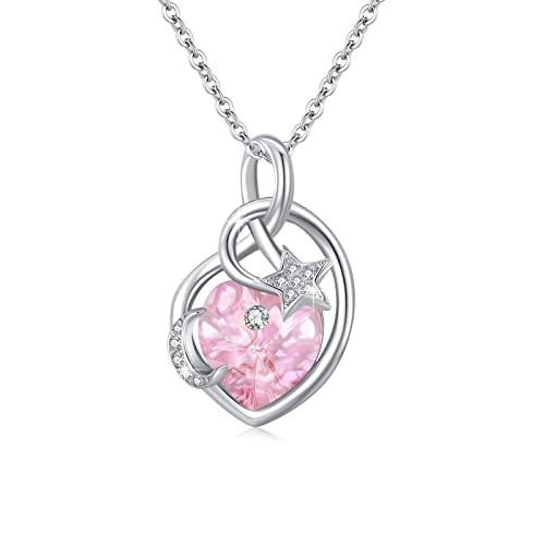 TRISHULA Mond und Sterne Kette 925 Sterling Silber Kristall Halskette Geburtsstein Anhänger Mond und Sterne Schmuck Geschenk für Damen Mädchen Frauen Kinder - Oktober/Rosa von TRISHULA