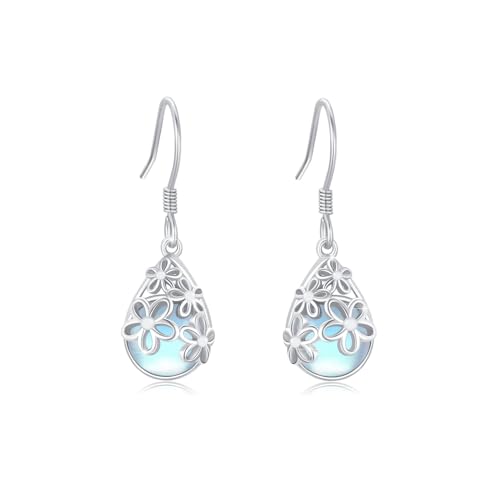 TRISHULA Mondstein Gänseblümchen Ohrringe 925 Sterling Silber Hänger mit Träne Poliert Hypoallergene Gänseblümchen Schmuck Geschenk für Frauen Mädchen von TRISHULA