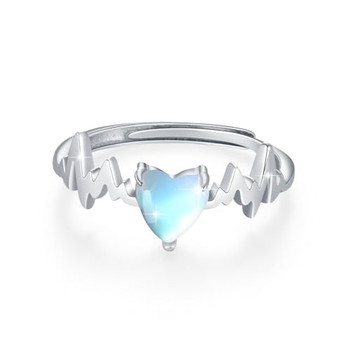 Damen Mondstein Ringe Verstellbarer Herzring 925er Sterling Silber minimalistischer Silber Ring Herzschlagring für Frauen Mädchen Schmuck Geschenke zum Jahrestag von TRISHULA