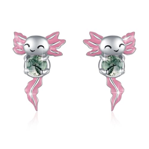 Rosa Axolotl Ohrringe für Frauen 925 Sterling Silber Moosachat Tier Ohrstecker Hypoallergene Mexikanischer Axolotl Schmuck Geschenke für Damen von TRISHULA