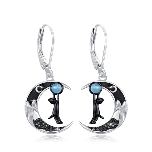 Schwarze Katzen Ohrringe für Frauen 925 Sterling Silber Katzen Leverback Ohrringe Berg Ohrringe Mond Ohrringe Katzen Ohrringe Schwarzer Katzenschmuck Geschenk für Katzenliebhaber von TRISHULA