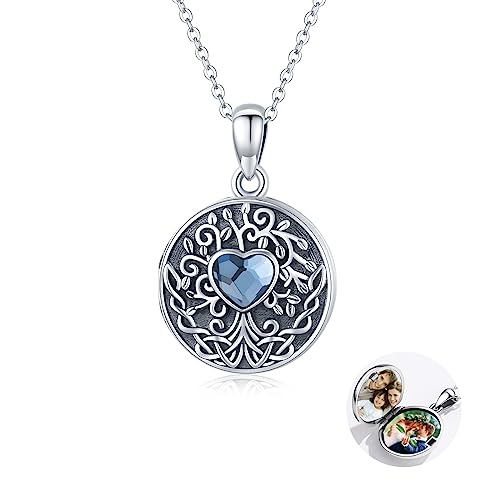 TRISHULA Baum Des Lebens Medaillon Kette für Foto Bilder S925 Sterling Silber Stammbaum Halskette Blau Herz Kristall Baum Halskette Abschlussgeschenke für Frauen Mädchen von TRISHULA