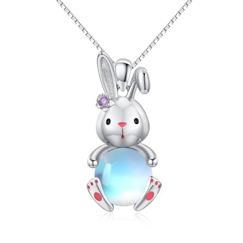 TRISHULA Bunny Halskette 925 Sterling Silber Mondstein Halskette Bunny Anhänger Kaninchen Halskette Tier Anhänger Kaninchen Schmuck Geschenke für Frauen Mädchen von TRISHULA