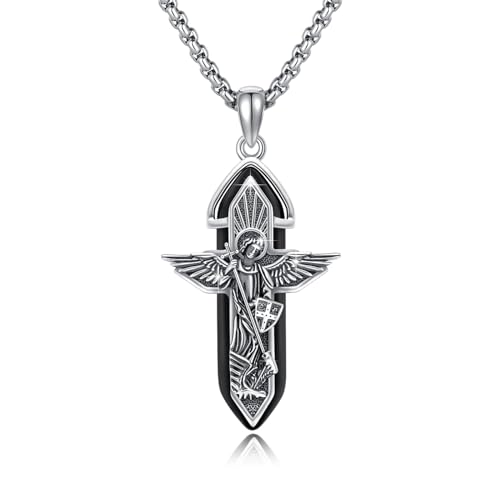 Erzengel Michael Amulett Halskette 925 Sterling Silber Kette Heilstein Hexagon Kristall Anhänger mit Kette Schwarz Schmuck für Damen und Herren von TRISHULA