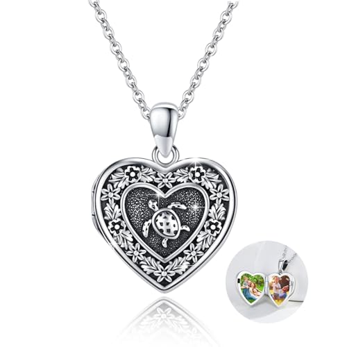 TRISHULA Herz-Locket-Halskette 925 Sterlingsilber Foto-Amulett Anhänger Herz Seeschildkröte Kette Tier-Locket-Schmuck für Damen Frau Freundin von TRISHULA