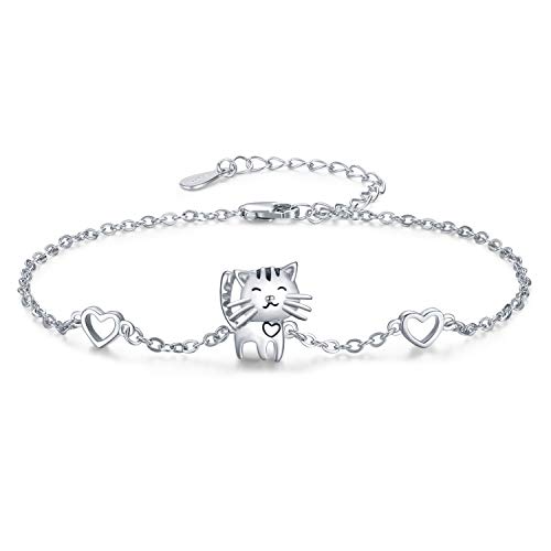TRISHULA 925 Sterling Silber Damen-Katzenarmband Verstellbar Herz-Design verziert Geburtstagsgeschenk Jubiläumsgeschenk für Mutter Tochter Katzenliebhaber als Schmuck von TRISHULA
