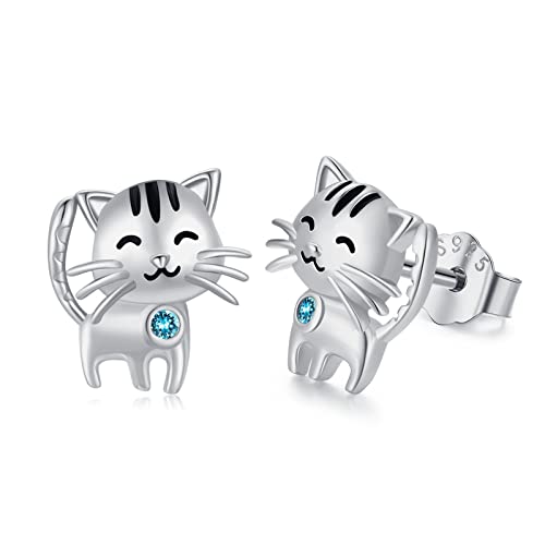 TRISHULA Katze Ohrringe 925 Sterling Silber Tier Ohrstecker Hypoallergene Zirkonia Ohrringe Birthstone Schmuck Geschenk für Damen Mädchen Frauen Kinder - Marsch von TRISHULA