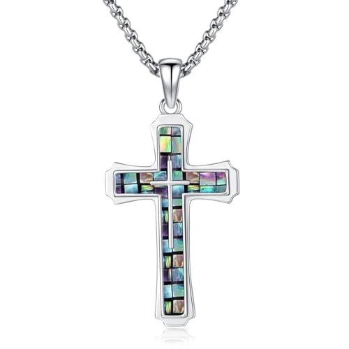 TRISHULA Kreuz Kette Abalone Muschel Kette für Frauen Männer 925 Sterling Silber Mosaik Abalone Muschel Kreuz Anhänger Halskette Christliche Halskette Kreuz Schmuck Geschenke für Amulett Talisman von TRISHULA