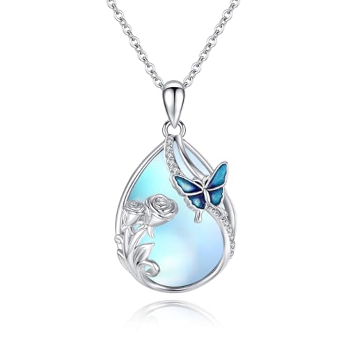 TRISHULA Mondstein-Kette aus 925 Sterling Silber Schmetterling-Rosen-Anhänger Tränen-Mondstein-Kette Tier-Schmuck Geschenke für Frauen Mutter Freundin von TRISHULA