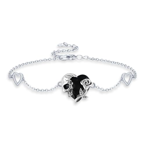 TRISHULA Totenkopf Armbänder 925 Sterling Silber Rose Skull Armband Halloween Schädel Armband Schwarz Herzform Kristall Gothic Schädel Armbänder Punk Totenkopf Schmuck Geschenk für Frauen Mädchen von TRISHULA