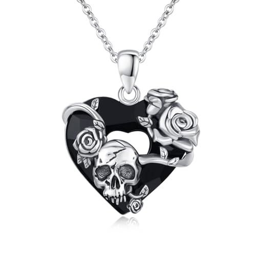TRISHULA Totenkopf Halskette Sterling Silber Rose Gothic Anhänger österreichischen Kristall Halskette Herz Halskette in schwarzem Totenkopf Schmuck Geschenk für Frauen Männer Valentinstag von TRISHULA