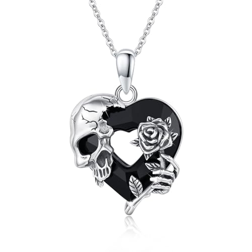 Totenkopf Kette 925er Sterling Silber Rose Totenkopf Halskette Halloween Schädel Halskette Schwarz Herzform Kristall Gothic Totenkopf Anhänger Punk Halloween Totenkopf Schmuck Geschenk von TRISHULA