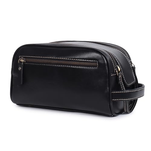 TRISKY Herren-Kulturbeutel aus Leder, Rasier- und Reise-Set für Herren, Dopp Kit, handgefertigt, Vintage, Kulturbeutel mit wasserdichtem Futter – BlackBeige, Schwarz-Weiß, Kulturbeutel von TRISKY