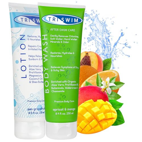 TRISWIM - Anti-Chlor Kosmetikpaket für Schwimmer, Anti Chlor Duschgel und Intensiv Regenerierende Bodylotion, Duschgel Damen und Herren Wäscht Chlor und Poolchemikalien Weg - 251+250 ml von TRISWIM
