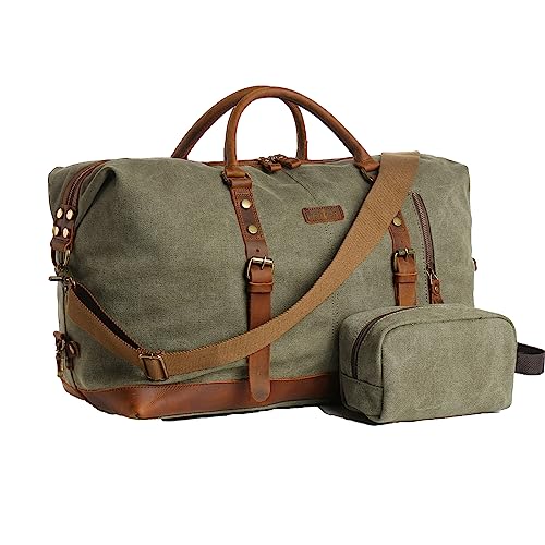 TRITOUR Reisetasche für Herren Reisetasche Leder Canvas Weekender Tasche Übernachtungstasche 60L mit Kulturbeutel, Grün (Army Green), Large von TRITOUR