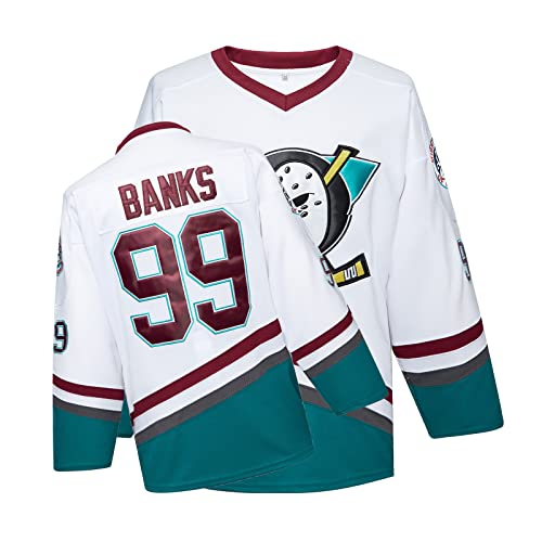 Mighty Ducks Trikot Film Eishockey Trikot S-XXL Charlie Conway #96 Adam Banks #99, 90er Hip Hop Kleidung für Party, #99 Weiß, XX-Large von TRIVINKIN