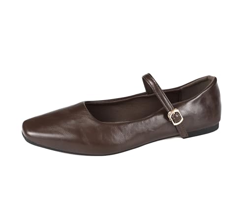 TRIWORIAE-Ballerinas Damen Mary Jane Flache Schuhe Elegante Braun 35 von TRIWORIAE
