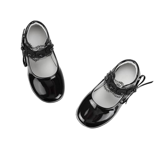 TRIWORIAE-Mädchen Mary Jane Flats Schuhe Schulschuhe Festliche Schuhe Ballerina Schuhe Schwarz 28 von TRIWORIAE