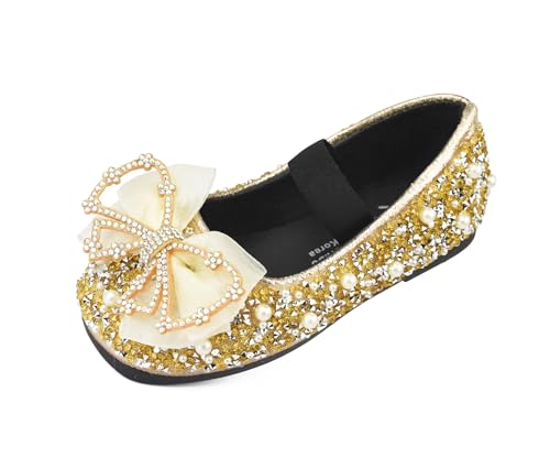 TRIWORIAE-Prinzessin Schuhe Mädchen Glitzer Schuhe Kinder Flache Pailletten mit Schleife Mary Jane Elegante Ballerinas Gold 25 von TRIWORIAE