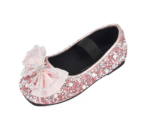 TRIWORIAE-Prinzessin Schuhe Mädchen Glitzer Schuhe Kinder Flache Pailletten mit Schleife Mary Jane Elegante Ballerinas Rose 25 von TRIWORIAE