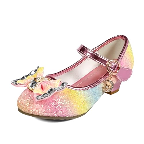 TRIWORIAE-Mädchen Glitzer Pumps, Kinder Stöckelschuhe, Prinzessin Cosplay Schuhe, Partys Hochzeiten Klett Sandalen, Elegante Mädchen Schuhe mit Absatz, Regenbogen, 27 EU von TRIWORIAE