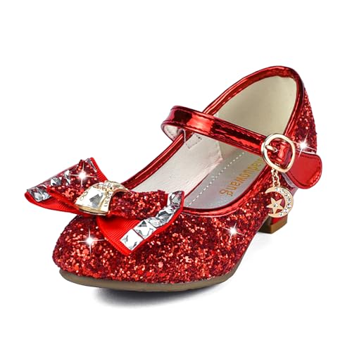 TRIWORIAE-Prinzessin Schuhe Mädchen Glitzer Schuhe Kinder Stöckelschuhe Mädchen Pailletten Prinzessin Cosplay Schuhe Partys Hochzeiten Klett Sandalen Elegante Mädchen Schuhe mit Absatz Rot 26 von TRIWORIAE