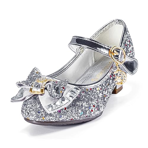 TRIWORIAE-Prinzessin Schuhe Mädchen Glitzer Schuhe Kinder Stöckelschuhe Mädchen Pailletten Prinzessin Cosplay Schuhe Partys Hochzeiten Klett Sandalen Elegante Mädchen Schuhe mit Absatz Silber 27 von TRIWORIAE