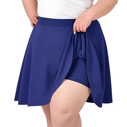 TRIWORKS Elegante Blau Rock Große Größen Damen Mädchen Basic Casual Mini Sommer Kurz Skater Stretchy Rock mit Hose A-Linie Versatile Elastische Minirock Tennisrock 3XL von TRIWORKS