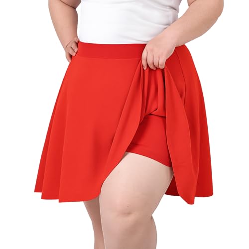TRIWORKS Elegante Rot Rock Große Größen Damen Mädchen Basic Casual Mini Sommer Kurz Skater Stretchy Rock mit Hose A-Linie Versatile Elastische Minirock Tennisrock 4XL von TRIWORKS