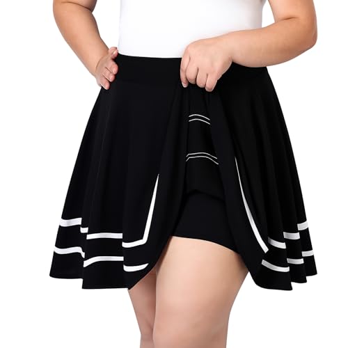 TRIWORKS Elegante Schwarz und Weiß Rock Große Größen Damen Mädchen Basic Casual Mini Sommer Kurz Skater Stretchy Rock mit Hose A-Linie Versatile Elastische Minirock Tennisrock von TRIWORKS