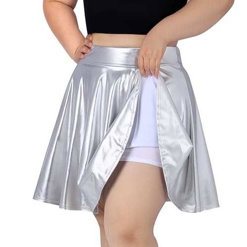 TRIWORKS Elegante Silber Rock Große Größen Damen Mädchen Basic Casual Mini Sommer Kurz Skater Stretchy Rock mit Hose A-Linie Versatile Elastische Minirock Tennisrock 3XL von TRIWORKS