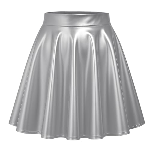TRIWORKS Elegante Silber Rock Große Größen Damen Mädchen Basic Casual Mini Sommer Kurz Skater Stretchy Rock mit Hose A-Linie Versatile Elastische Minirock Tennisrock L von TRIWORKS