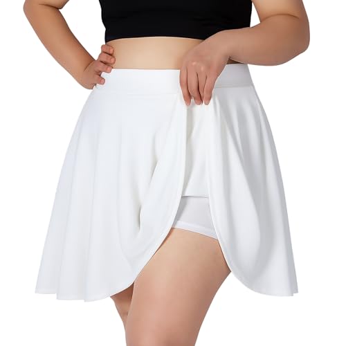 TRIWORKS Elegante Weiß Rock Große Größen Damen Mädchen Basic Casual Mini Sommer Kurz Skater Stretchy Rock mit Hose A-Linie Versatile Elastische Minirock Tennisrock XL von TRIWORKS