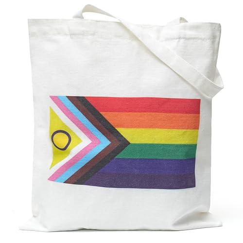 TRIXES Progress-Pride-Regenbogenflagge Einkaufstasche – Weiße Tragetasche mit ikonischem Regenbogen-Emblem – Robuste Schultertasche aus Baumwolle von TRIXES