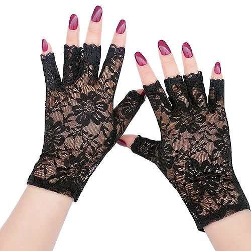 TRIXES Schwarze kurze fingerlose Spitzenhandschuhe – Gothic-Punk-Rocker-Kostüm – Karneval-Halloween-Modeaccessoires von TRIXES