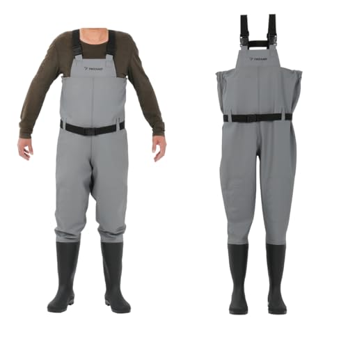 TRIZAND Watstiefel Herren PVC – Anglerhose mit Stiefel & Trägern – Wasserdichte Wathose für Angeln, Jagd, Teicharbeiten – Größe – Grau (45) von TRIZAND